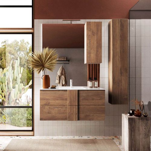Meuble Vasque 101cm Suspendu 2 Tiroirs + Miroir Aspect Bois Finition Mercure - Zeus