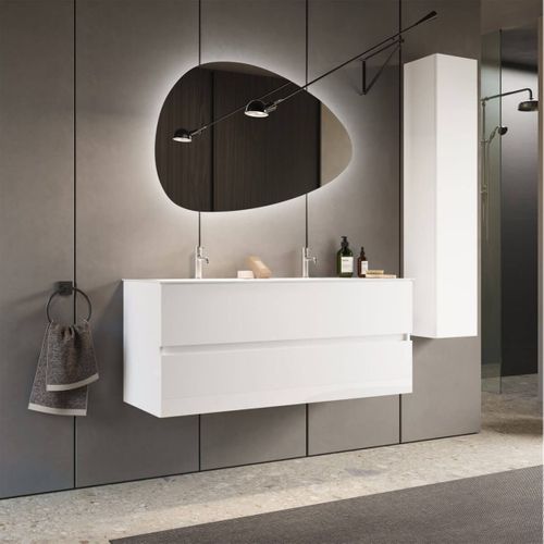 Meuble Vasque 122cm Suspendu 2 Tiroirs Finition Blanc Laqué - Birja