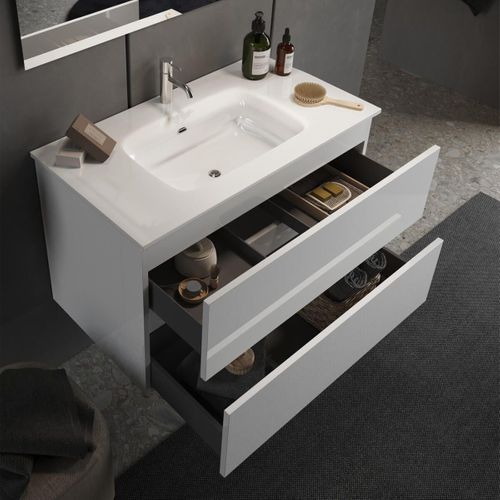 Meuble Vasque 101cm Suspendu 2 Tiroirs Finition Blanc Laqué - Birja