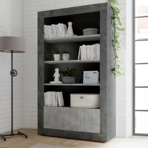 Bibliothéque 3 Étagères Et 2 Portes Gris Aspect Cimento Et Oxyde - Paolino