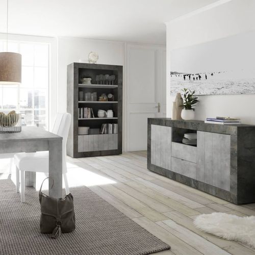 Bibliothéque 3 Étagères Et 2 Portes Gris Aspect Cimento Et Oxyde - Paolino