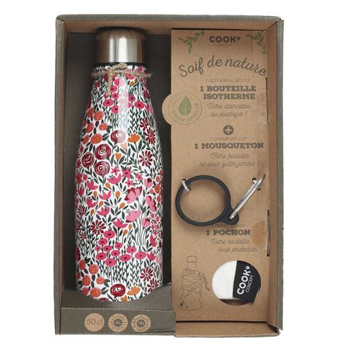 Coffret Bouteille Isotherme 50cl Motif Fleuri + Pochon + Mousqueton - Marina