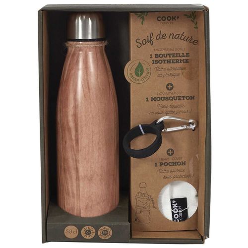 Coffret Bouteille Isotherme 50cl Effet Bois + Pochon + Mousqueton - Marina