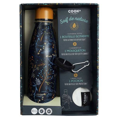 Coffret Bouteille Isotherme 50cl Motif Nature + Pochon + Mousqueton - Marina