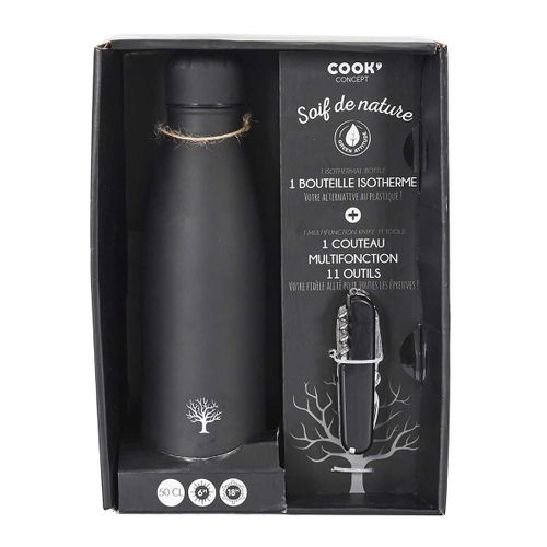 Bouteille Isotherme 50cl Noir Mat + Couteau Multifonction - Gollia