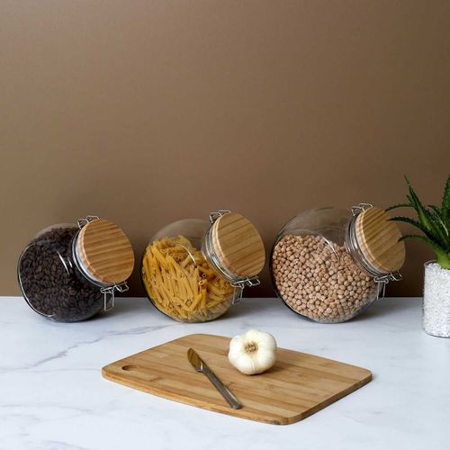 Lot De 3 Bocaux De Conservation Rond Incliné 1,3l En Verre Couvercle Bois - Plauz