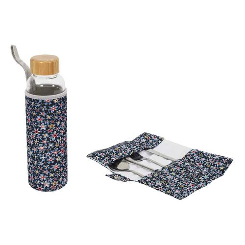 Coffret Bouteille En Verre 50 Cl Et Pochette 3 Couverts + Paille Inox - Kittie