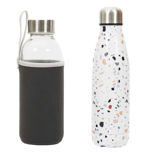 Coffret 2 Bouteilles 50cl Isotherme Terrazzo Et Verre Avec Pochon - Kompil