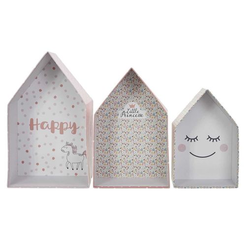 Lot De 3 Boites Gigognes En Forme De Maison Rose Et Blanc - Arlette