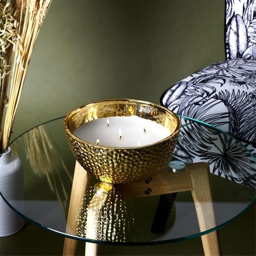 Bougie Parfumée Métal Doré Martelé 5 Mèches Senteur Ambre Ø21cm - Mopa