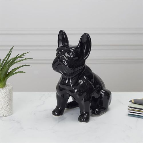 Statue Bulldog En Céramique Noir Brillant H30cm - Stoky