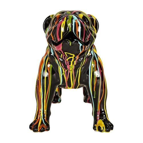Statue Chien Molosse En Résine Noir Coulures Multicolores - Maros