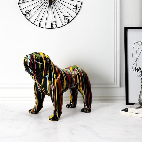 Statue Chien Molosse En Résine Noir Coulures Multicolores - Maros