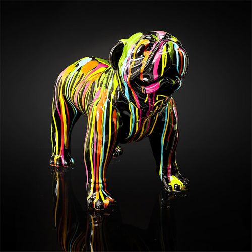 Statue Chien Molosse En Résine Noir Coulures Multicolores - Maros