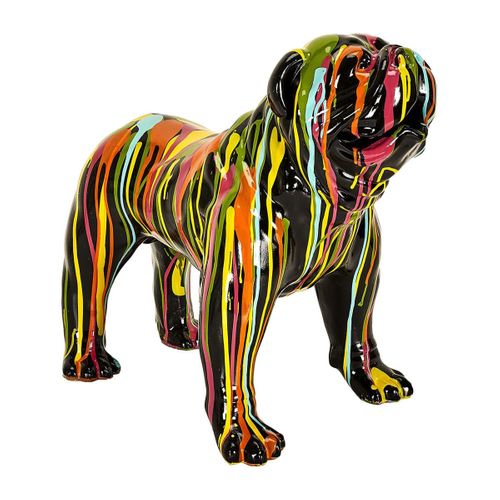 Statue Chien Molosse En Résine Noir Coulures Multicolores - Maros