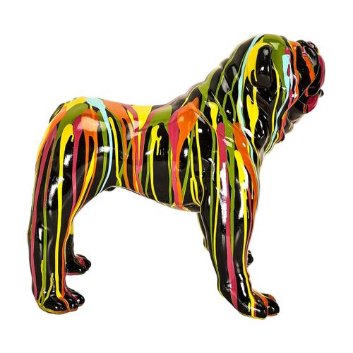 Statue Chien Molosse En Résine Noir Coulures Multicolores - Maros