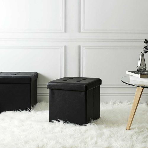 Pouf Coffre Pliable Carré Simili Cuir Noir Capitonné - Ronny