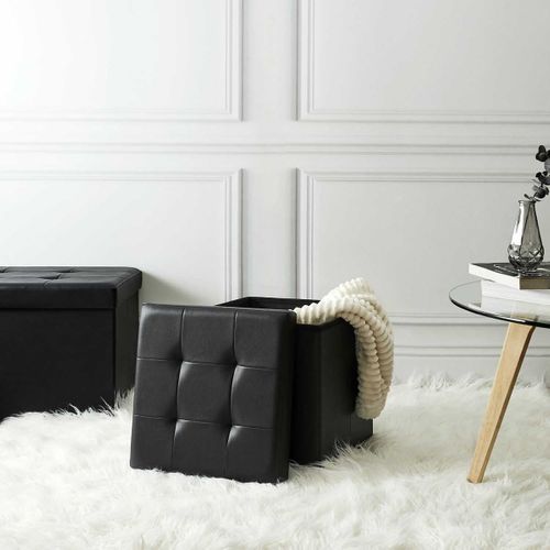 Pouf Coffre Pliable Carré Simili Cuir Noir Capitonné - Ronny