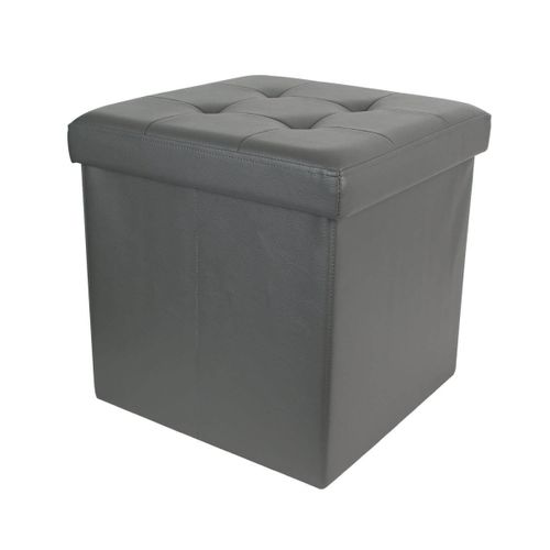 Pouf Coffre Pliable Carré Simili Cuir Gris Capitonné - Ronny