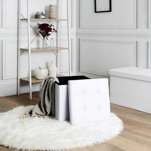 Pouf Coffre Pliable Carré Simili Cuir Blanc Capitonné - Ronny