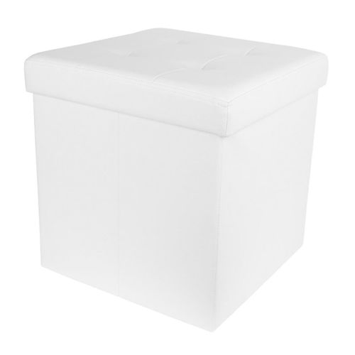 Pouf Coffre Pliable Carré Simili Cuir Blanc Capitonné - Ronny