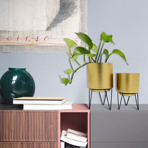 Lot De 2 Pots De Fleur Métal Or Piétément Filaire Noir - Hortega