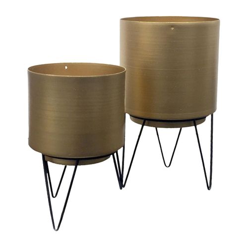 Lot De 2 Pots De Fleur Métal Or Piétément Filaire Noir - Hortega