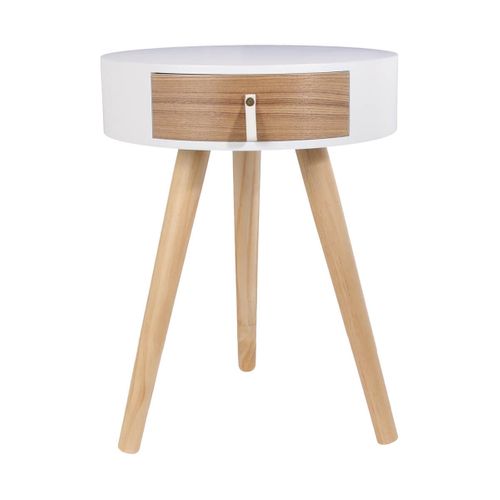 Chevet Rond 1 Tiroir Blanc Et Effet Bois Style Scandinave Vintage - Mealia