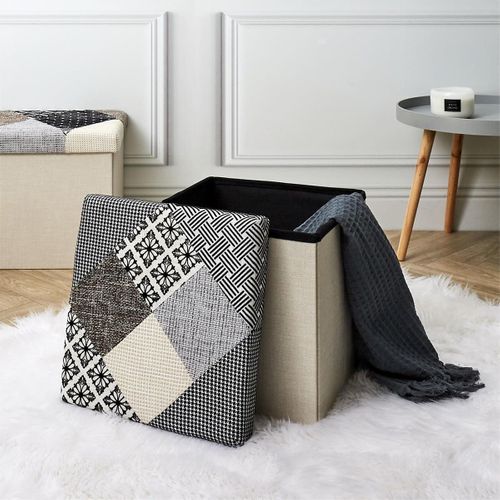 Pouf Coffre Pliable Motif Patchwork Gris - Lory