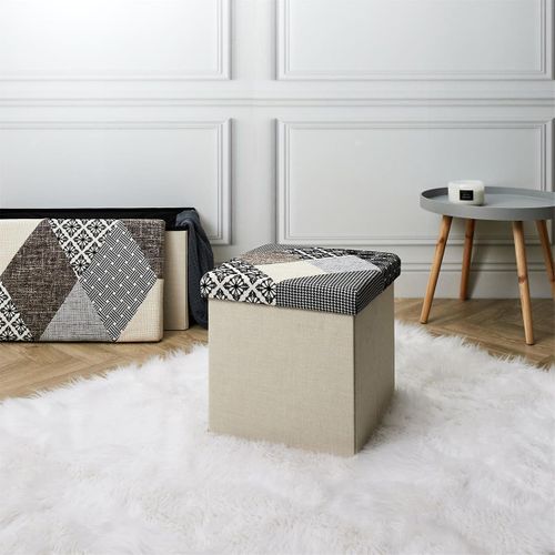 Pouf Coffre Pliable Motif Patchwork Gris - Lory