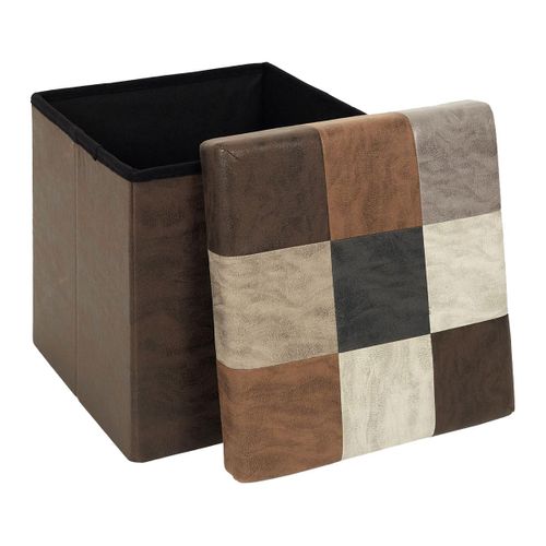 Pouf Coffre Pliable Motif Patchwork Aspect Vieux Cuir - Metro