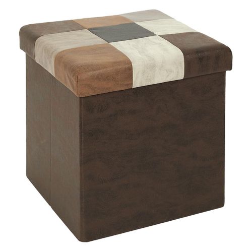 Pouf Coffre Pliable Motif Patchwork Aspect Vieux Cuir - Metro