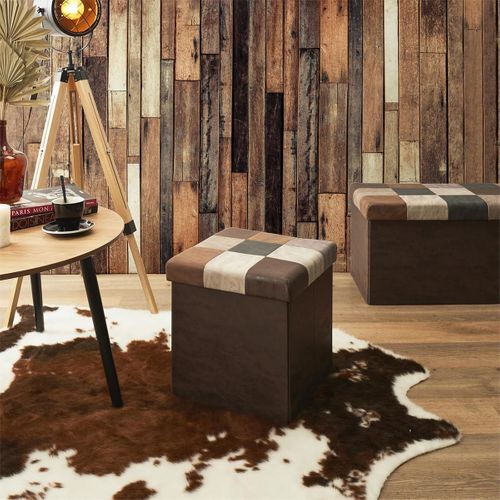 Pouf Coffre Pliable Motif Patchwork Aspect Vieux Cuir - Metro