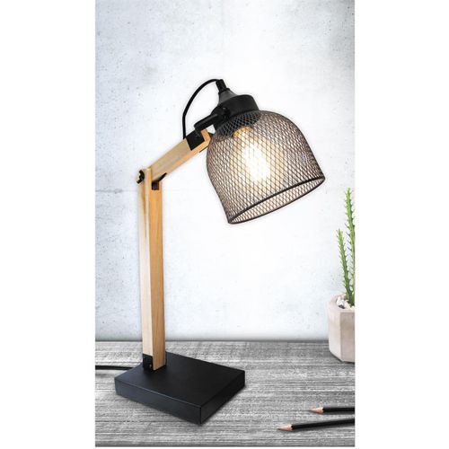 Lampe à Poser Style Industriel Grille Métal Noir Et Bois - Hervic