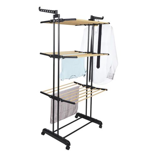 Etendoir Pliable à Roulettes 3 Niveaux Coloris Noir Et Effet Bois - Lineo