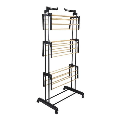 Etendoir Pliable à Roulettes 3 Niveaux Coloris Noir Et Effet Bois - Lineo