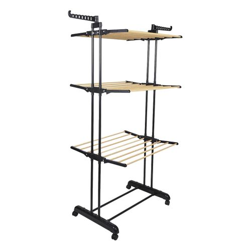 Etendoir Pliable à Roulettes 3 Niveaux Coloris Noir Et Effet Bois - Lineo