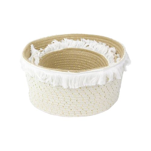 Lot De 3 Paniers Rétractables Cordage Coton Blanc Taupe Et Doré Avec Franges - Cosia