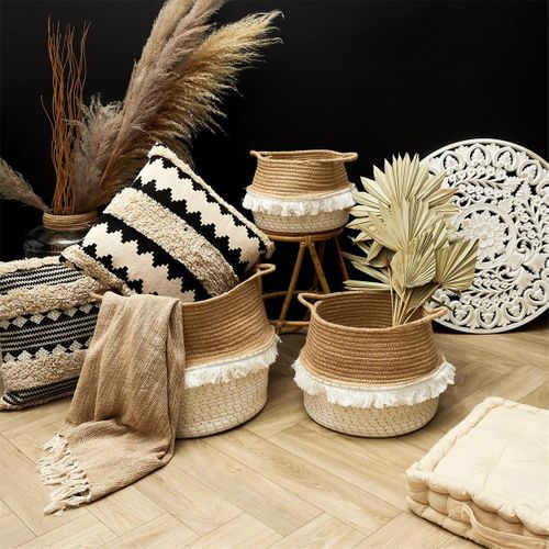 Lot De 3 Paniers Rétractables Cordage Coton Blanc Taupe Et Doré Avec Franges - Cosia