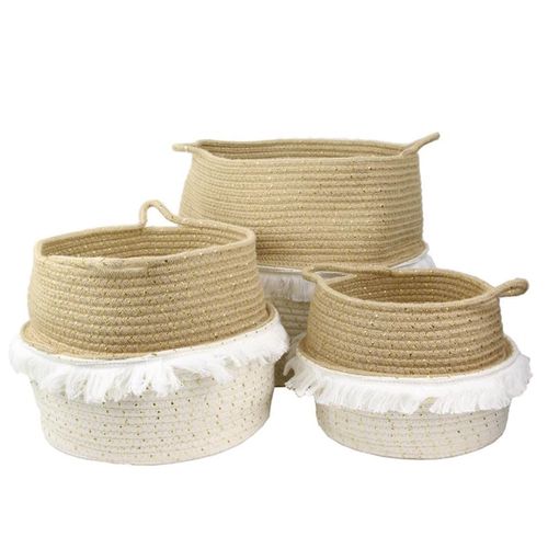 Lot De 3 Paniers Rétractables Cordage Coton Blanc Taupe Et Doré Avec Franges - Cosia