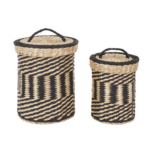 Lot De 2 Paniers Tressés Ethniques Coloris Naturel Et Noir Avec Couvercle - Nora