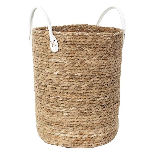 Lot De 3 Paniers Tressés Coloris Naturel Avec Anses En Simili Cuir Blanc - Lorine