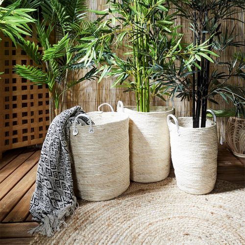 Lot De 3 Paniers Tressés Coloris Naturel Avec Anses En Simili Cuir Blanc - Lorine