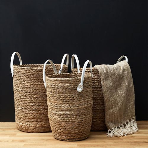 Lot De 3 Paniers Tressés Coloris Naturel Avec Anses En Simili Cuir Blanc - Lorine