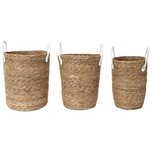 Lot De 3 Paniers Tressés Coloris Naturel Avec Anses En Simili Cuir Blanc - Lorine