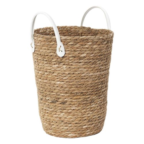 Lot De 3 Paniers Tressés Coloris Naturel Avec Anses En Simili Cuir Blanc - Lorine