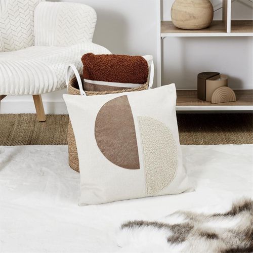 Coussin 40x40cm Crème Motifs Demi-cercles Marron Et Bouclette Déhoussable - Arcal