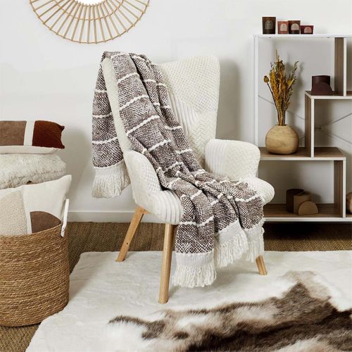 Plaid 120x150cm Maille Tressée Marron Et Blanc Avec Franges - Meline