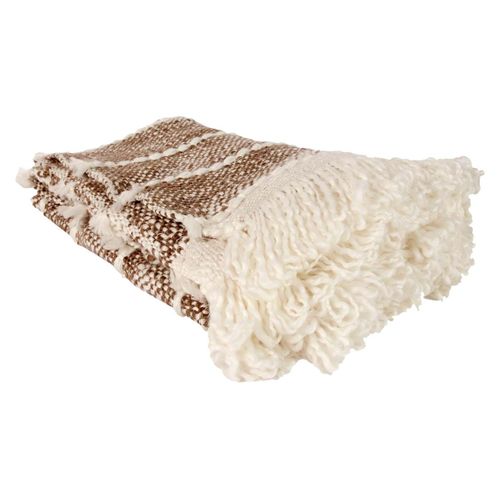 Plaid 120x150cm Maille Tressée Marron Et Blanc Avec Franges - Meline