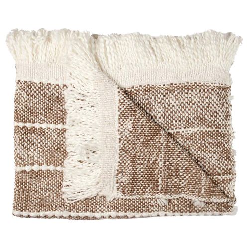 Plaid 120x150cm Maille Tressée Marron Et Blanc Avec Franges - Meline